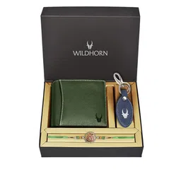 WildHorn Green Leather Wallet and Blue Keychain with Rakhi Combo Gift Set-27