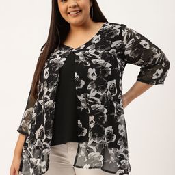 theRebelinme Plus Size Black & Grey Floral Print Layered Longline Top-26
