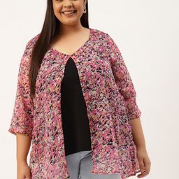theRebelinme Plus Size Black & Pink Floral Print Layered Longline A-Line Top-3