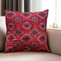Peepul Tree Red & Blue Ethnic Motifs Embroidered Cotton Square Cushion Cover-43
