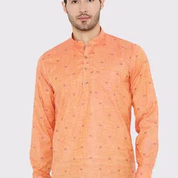 Maharaja Woven Design Mandarin Collar Linen Short Kurta-image-3