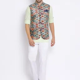 Hangup Men Kurta with Trousers & Printed Nehru Jacket-55