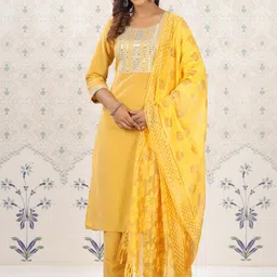 Ode by House of Pataudi Geometric Yoke Design Mirror Work Kurta with Trousers & Dupatta-picture-15