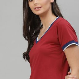 Harvard Women Red Cotton Solid V-Neck Pure Cotton T-shirt-image-28