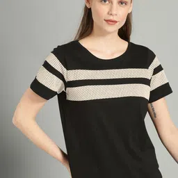 The Roadster Lifestyle Co Women Black  Beige Striped Round Neck Pure Cotton T-shirt-image-45