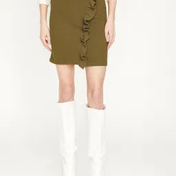 Koton Women Olive Green Self Striped Straight Mini Skirt with Ruffle Detail-image-72