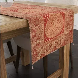 E-Ezra Red & Beige Floral Printed Pure Silk Table Runner-picture-47