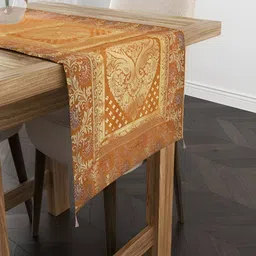 E-Ezra Mustard Yellow & Beige Floral Printed Pure Silk Table Runner-picture-58