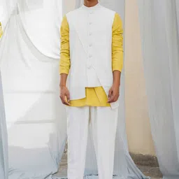 Antar-Agni Straight Linen Cross Panel Short Kurta with Payjama & Saint Waistcoat-image-2