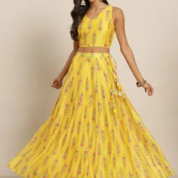 Shae by SASSAFRAS Yellow & Pink Printed Ready to Wear Lehenga & Choli-20