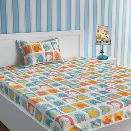 URBAN DREAM White & Yellow Graphic 210 TC Single Cotton Bedsheet with 1 Pillow Covers-41