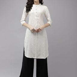 W Women Off-White & Black Semi-Sheer Dot Print Straight Kurta-image-35