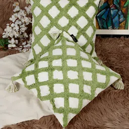HOSTA HOMES Green & White 2 Pieces Geometric Cotton Square Cushion Covers-image-84