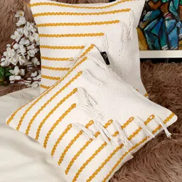 HOSTA HOMES Yellow & Off White 2 Pieces Geometric Cotton Square Cushion Covers-image-53