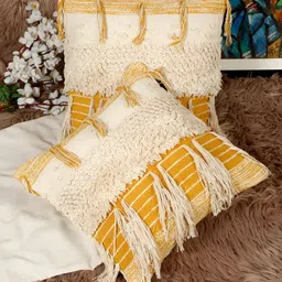 HOSTA HOMES Yellow & Off White 2 Pieces Geometric Cotton Square Cushion Covers-28