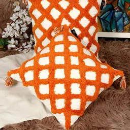 HOSTA HOMES Orange & Off White 2 Pieces Geometric Cotton Square Cushion Covers-image-6