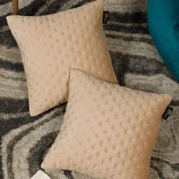HOSTA HOMES Cream-Coloured & Gold-Toned Set of 2 Velvet Square Cushion Covers-16
