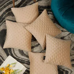 HOSTA HOMES Cream-Coloured & Gold-Toned Set of 5 Embroidered Velvet Square Cushion Covers-13