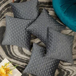 HOSTA HOMES Grey & Gold-Toned Set of 5 Embroidered Velvet Square Cushion Covers-20