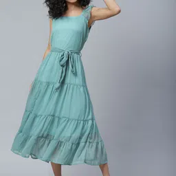 plusS Serene Green Solid Tiered A-Line Midi Dress-56