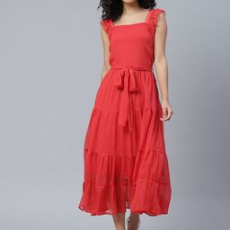 plusS Resolute Red Solid Tiered A-Line Midi Dress-image-55
