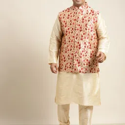 SOJANYA PLUS Men Plus Size Golden Solid Kurta with Churidar Comes With a Nehru Jacket-17
