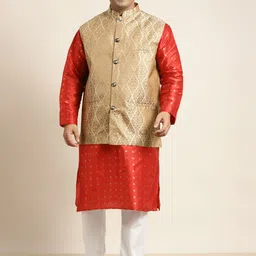 SOJANYA PLUS Men Plus Size Maroon Kurta with Churidar Comes With a Nehru Jacket-13