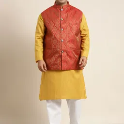 SOJANYA PLUS Men Plus Size Mustard Yellow Solid Kurta & Churidar Comes With a Nehru Jacket-2