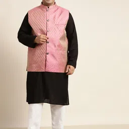 SOJANYA PLUS Men Plus Size Black Pure Cotton Kurta with Churidar Comes With a Nehru Jacket-25
