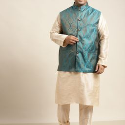 SOJANYA PLUS Men Plus Size Golden Solid Kurta & Churidar Comes With a Nehru Jacket-9