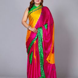 VL SAREES Colourblocked Mirror Work Silk Blend Block Print Saree-image-39