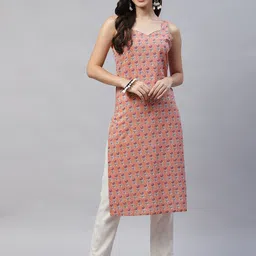 MIRAVAN Women Peach-Coloured Floral Printed Kurta-image-6