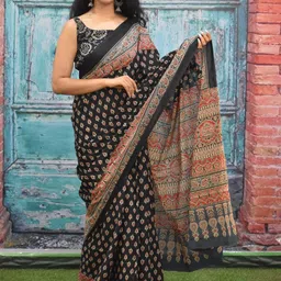 clothonus Ajrak Printed Mulmul Cotton Block Print Saree-1