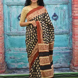 clothonus Ajrak Printed Mulmul Cotton Block Print Saree-picture-18