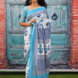 clothonus Floral Pure Cotton Ikat Hand Block Print Saree With Unstitched Blouse Piece-1