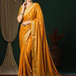Anouk Yellow & Gold-Toned Striped Woven Design Zari Pure Georgette Kanjeevaram Saree-image-32