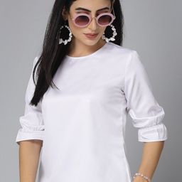 Style Quotient White Round Neck Cuffed Sleeve Gathered Satin Regular Top-image-93