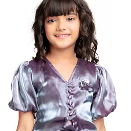 Tiny Kingdom Puff Sleeve Tie-Up Detail Satin Top-image-1
