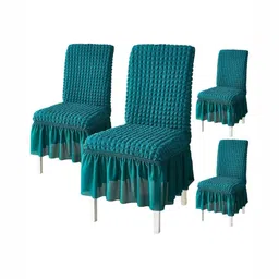 HOUSE OF QUIRK Teal Blue 4 Pieces Textured Frill Stretchable Removable Chair Covers-7