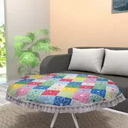 Dakshya Industries White & Blue Floral Printed Embellished Waterproof Round Table Cover-14