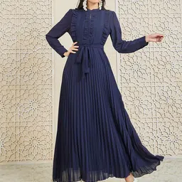 Styli Navy Blue Pleated Ruffles Maxi Fit & Flare Dress-picture-17