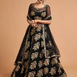 FABPIXEL Black & Gold-Toned Embroidered Sequinned Kalamkari Semi-Stitched Lehenga & Unstitched Blouse With-image-7