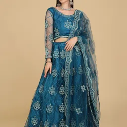 Warthy Ent Turquoise Blue & Embroidered Thread Work Semi-Stitched Lehenga & Unstitched Blouse With Dupatta-image-47