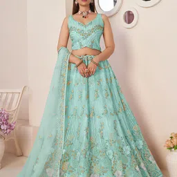 Fusionic Embroidered V-Neck Net Semi-Stitched Lehenga & Unstitched Blouse With Dupatta-20