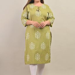 KALINI Plus Size Floral Printed Keyhole Neck Cotton Straight Kurta-55