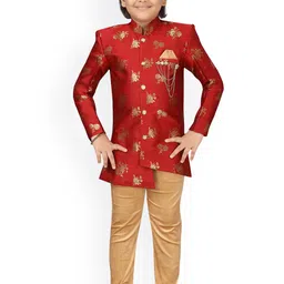 Aj DEZInES Boys Red & Gold-Coloured Asymmetric Brocade Sherwani Set-picture-11