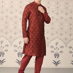 Ode by House of Pataudi Red Floral Woven Design Mandarin Collar Kurta With Churidar-image-37