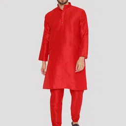 Maharaja Mandarin Collar Long Sleeves Dupion Silk Kurta with Pyjamas-image-35