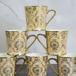 Femora 6 Pieces Gold-Toned Ethnic Motifs Printed Ceramic Glossy Mugs-picture-33
