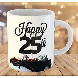 Keviv White & Black Happy 25th Birthday Printed Ceramic Glossy Mug 325 ml-image-62